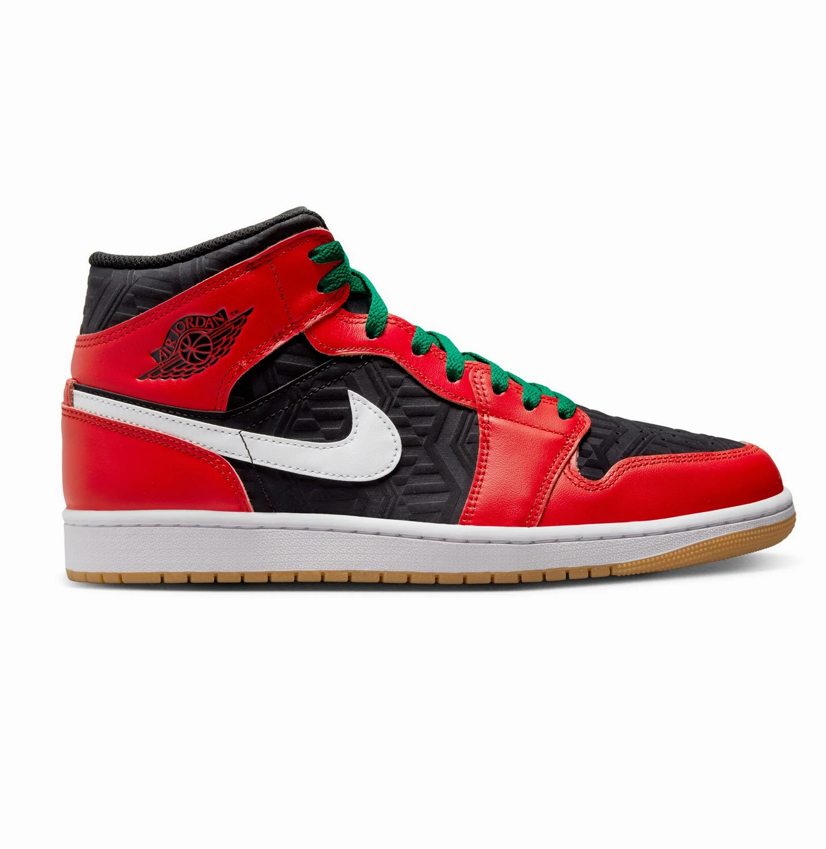 Nike Men's Air Jordan 1 Mid SE Shoes - Black / White / Malachite / Fire Red Reinforced Heel Clip