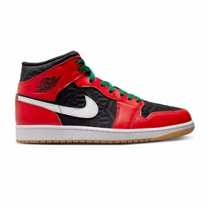 Nike Men's Air Jordan 1 Mid SE Shoes - Black / White / Malachite / Fire Red Reinforced Heel Clip