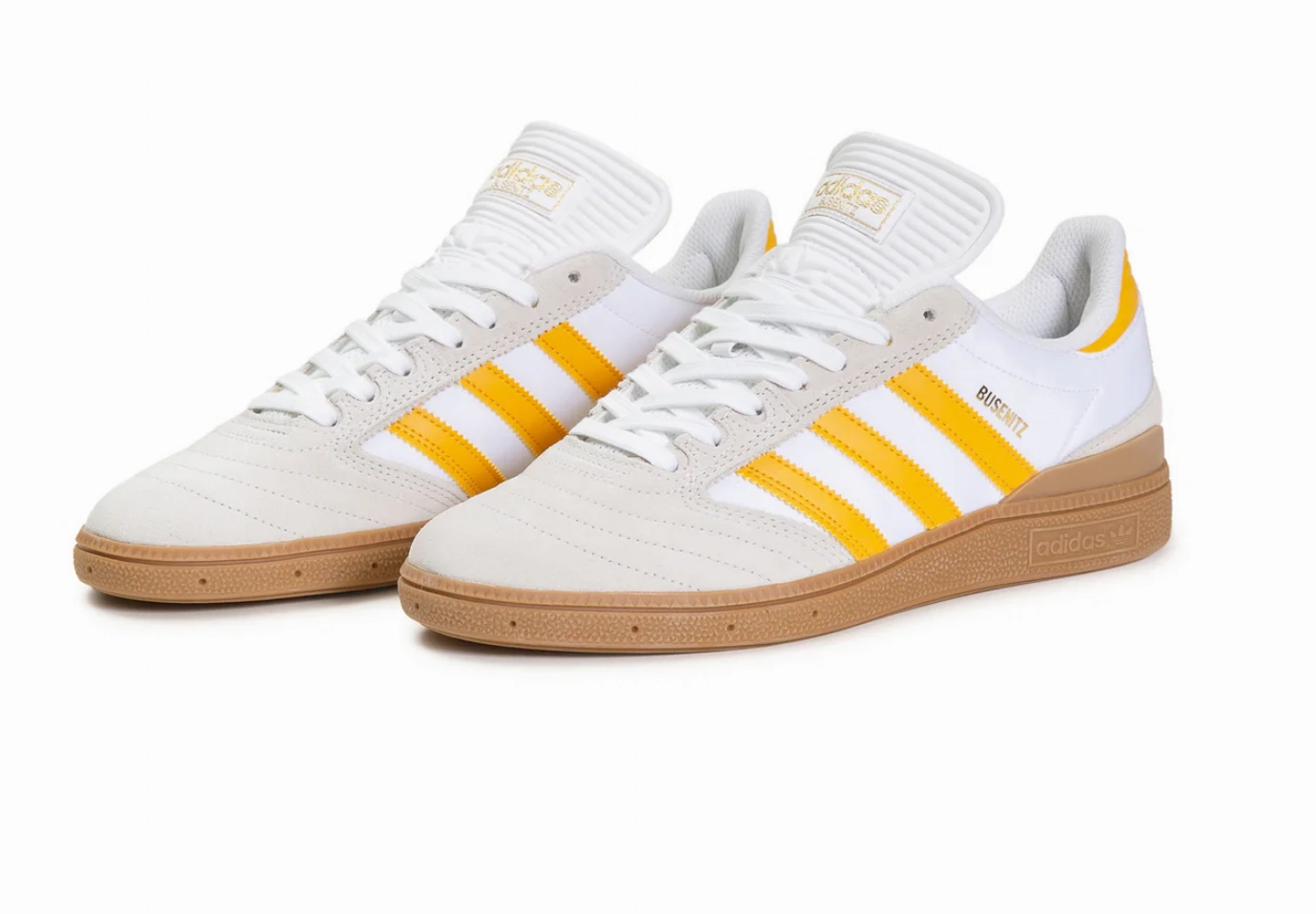 Adidas - Busenitz Pro (Crystal White/Preloved Yellow/Gum) running in a Pilates studio shoes mental health running shoe benefit