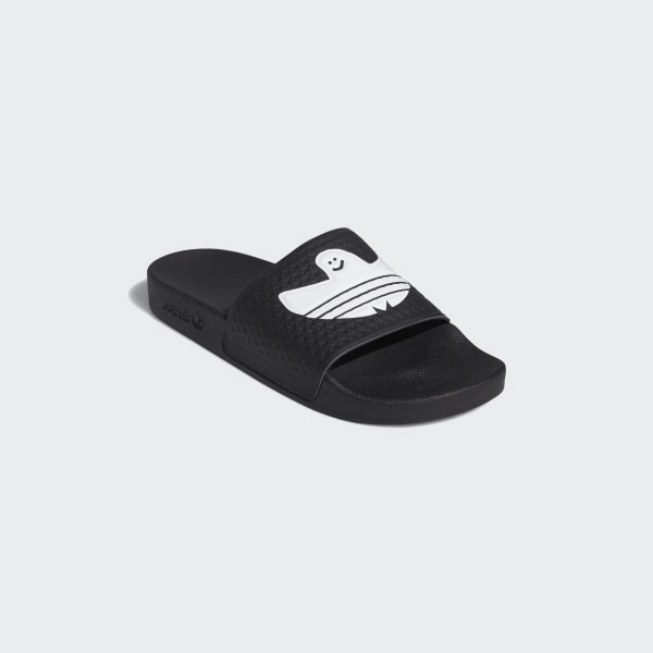 Adidas - Shmoofoil Slides (Black/White) Abrasion Resistant Collar Ergonomic Heel Lock