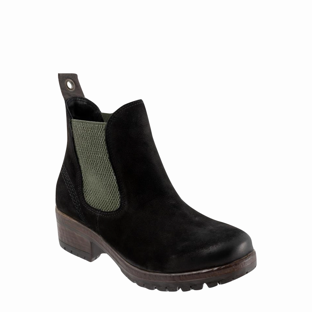 Bueno Women's Florida Leather Pull On Heeled Chelsea Boot in Black Nubuck/Khaki Wear resistant Lifestyle Ready