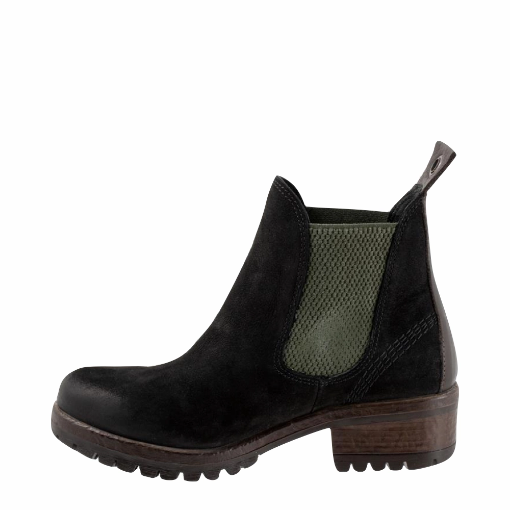 Bueno Women's Florida Leather Pull On Heeled Chelsea Boot in Black Nubuck/Khaki Smile Step Durable Feel