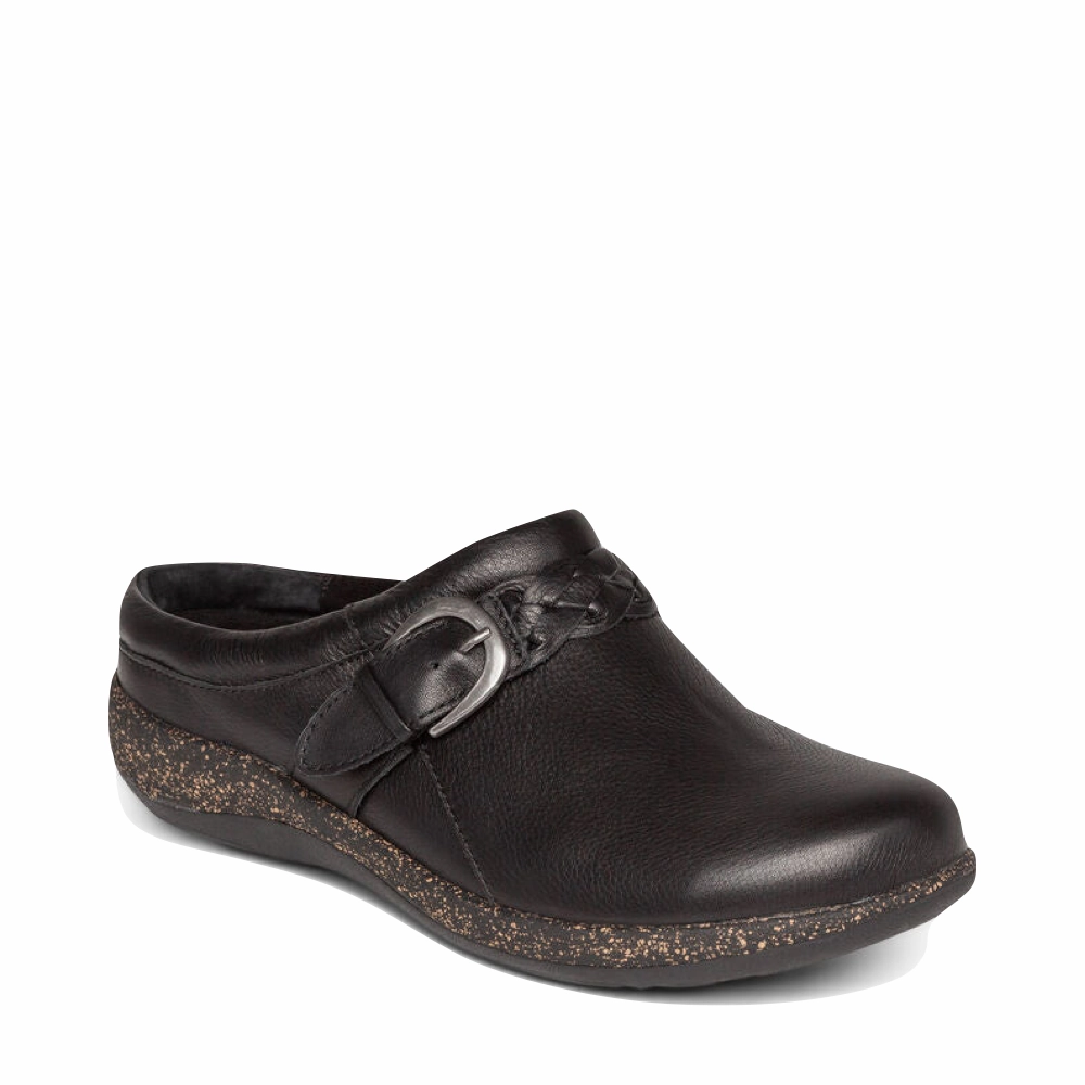 Aetrex Women's Libby Leather Clog in Black Break Walk Street Trend
