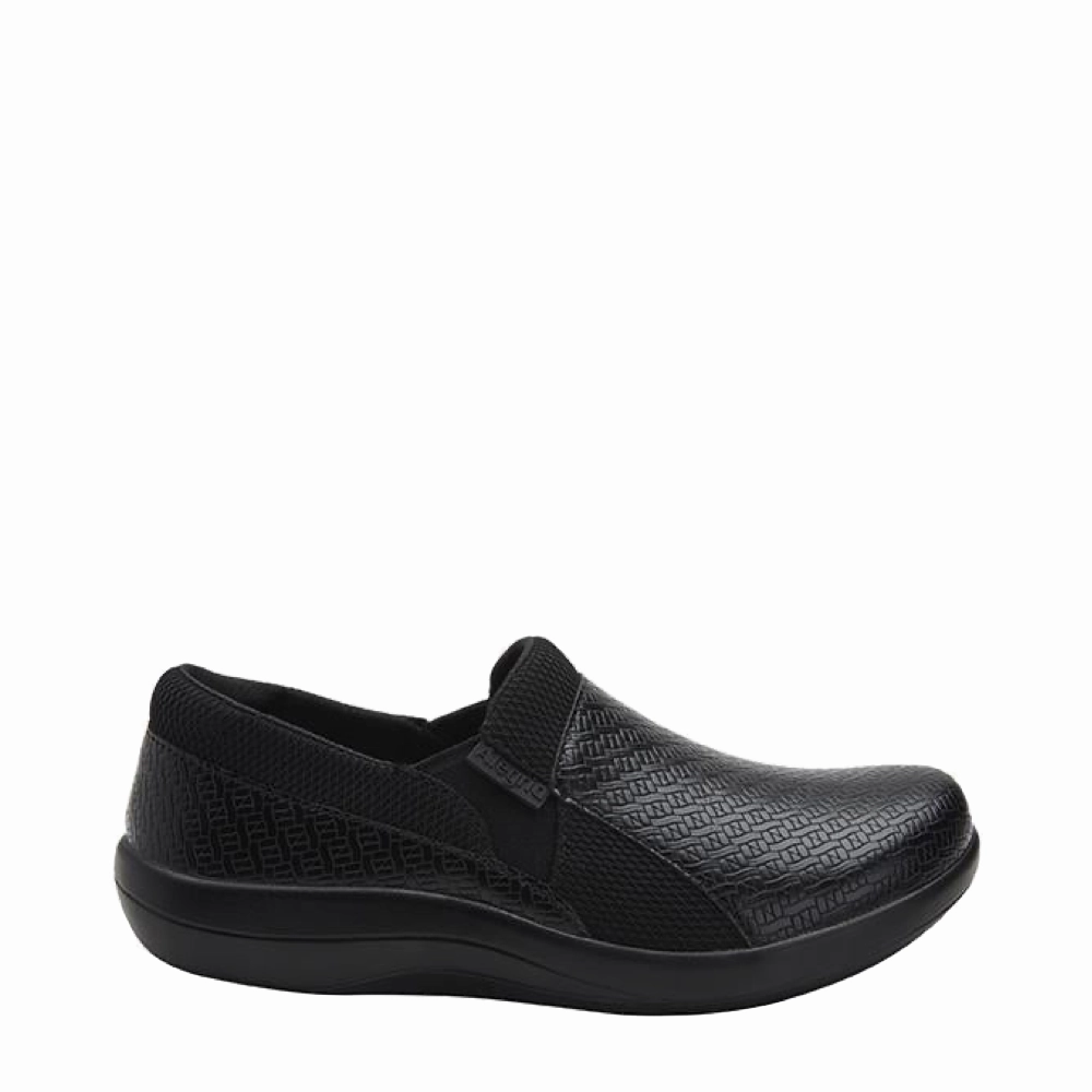 Alegria Women's Duette Slip Resistant Slip On in Black Woven Fast Life