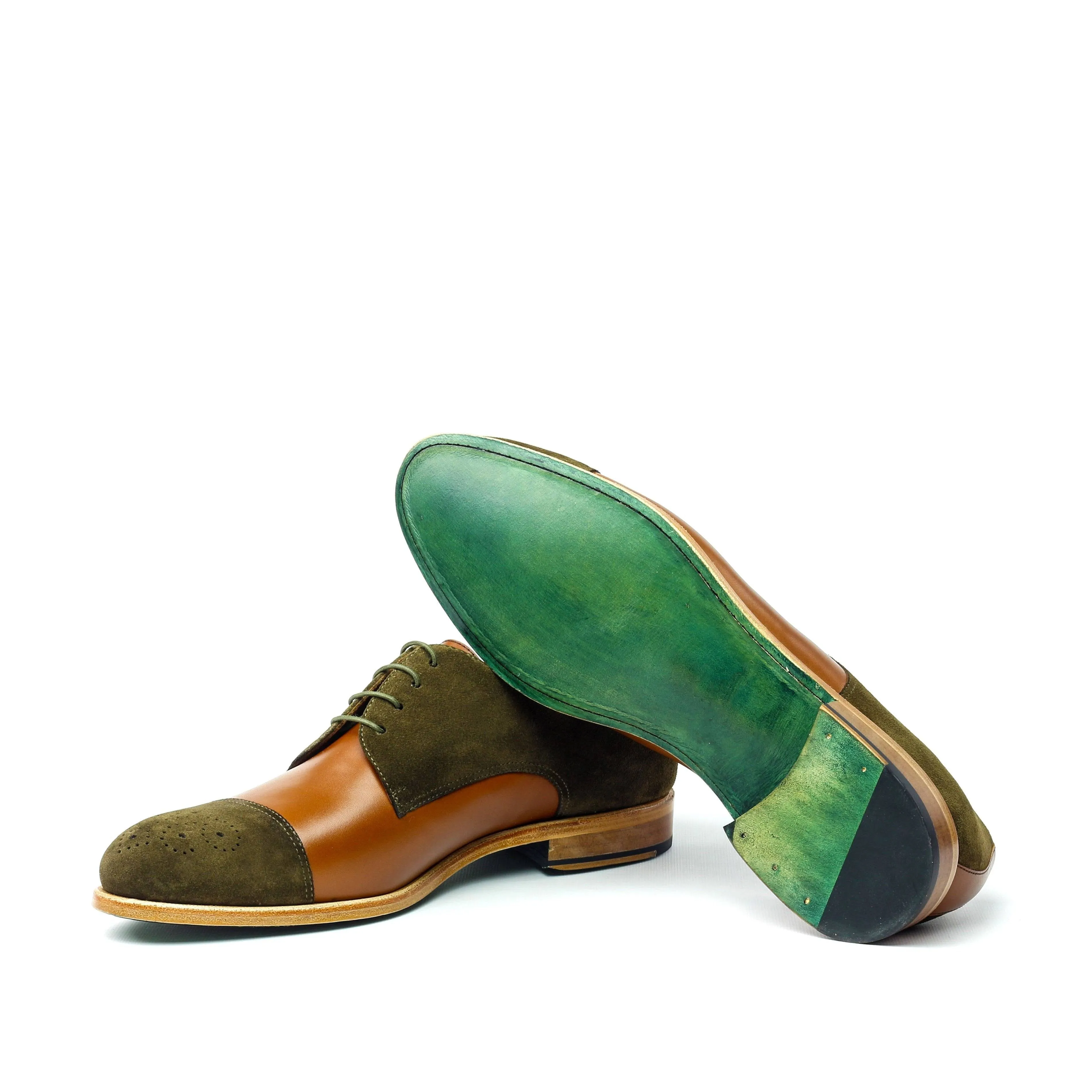 ALEXANDER - Unique Handcrafted Golden Brown/Green Seude Casual but not so Casual Derby Dress Shoes by Le Ruux Understated Oxfords Smooth Form Workday Essential