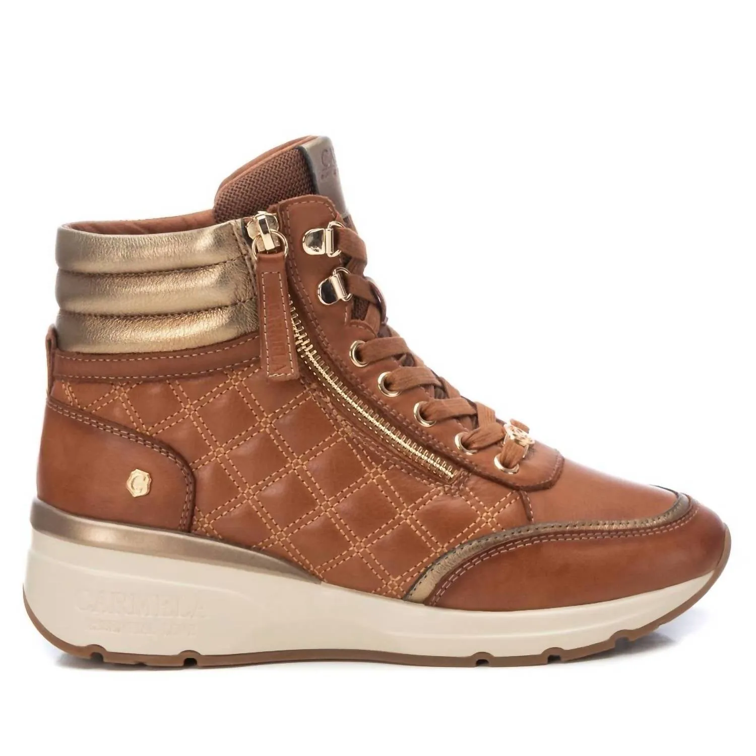 Travel Essential Eco Use Women's Carmela Collection Leather Sneaker Booties In Camel