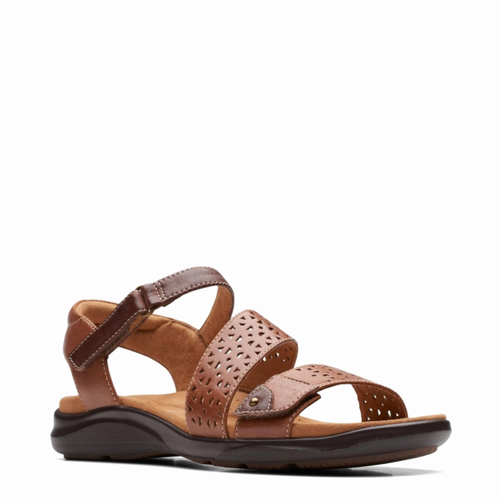 Clarks Women's Kitly Way Strap Sandal in Tan Compression Molded Midsole Wide Toe Box Design