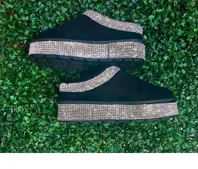 Women's Bling & Cozy Rhinestone Platform Mules In Black Sneaker Fit