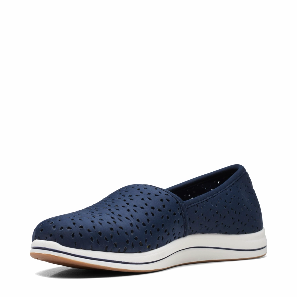Clarks Women's Breeze Emily Perfed Slip On in Navy Slip Resistant Traction