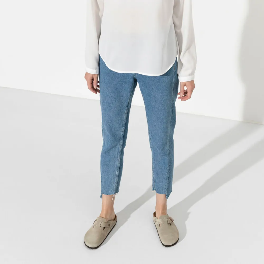 Birkenstock Boston Suede Leather Soft Footbed Clog in Taupe Indoor Step