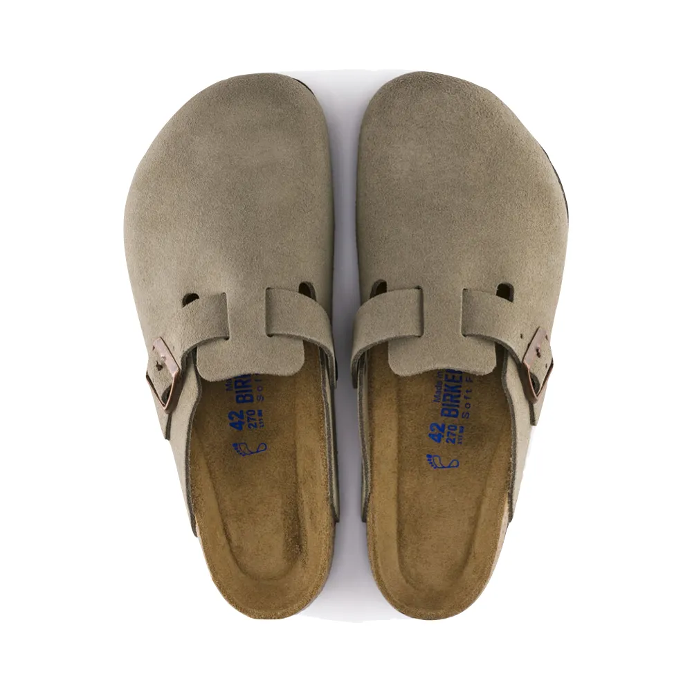 Birkenstock Boston Suede Leather Soft Footbed Clog in Taupe Tidy Lines