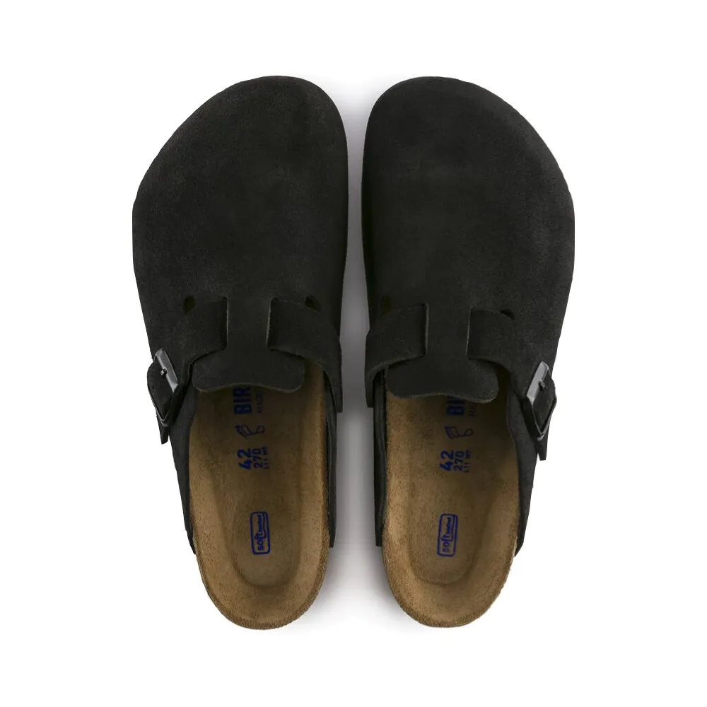 Simple Flow City Friendly Birkenstock Boston Suede Soft Footbed Clog in Black