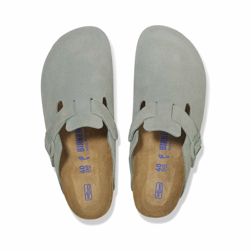 Shock Absorption Core Birkenstock Boston Suede Soft Footbed Clog in Pure Sage