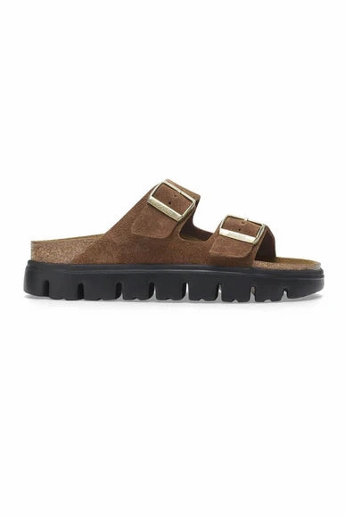 Birkenstock Women's Arizona Chunky Two Strap Sandal in Dark Tea/Black Elastic upper