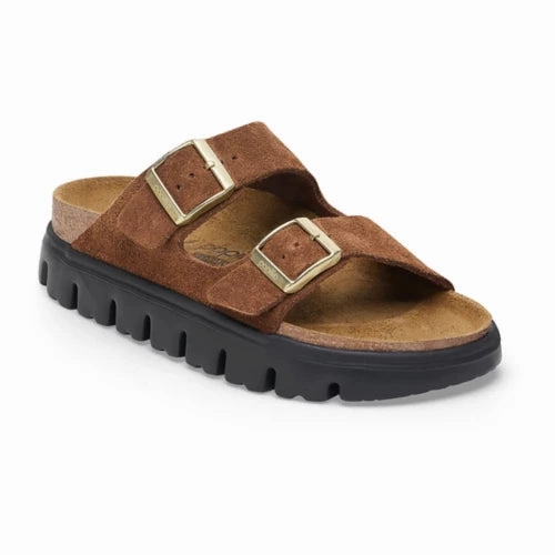 Square Toe Birkenstock Women's Arizona Chunky Two Strap Sandal in Dark Tea/Black