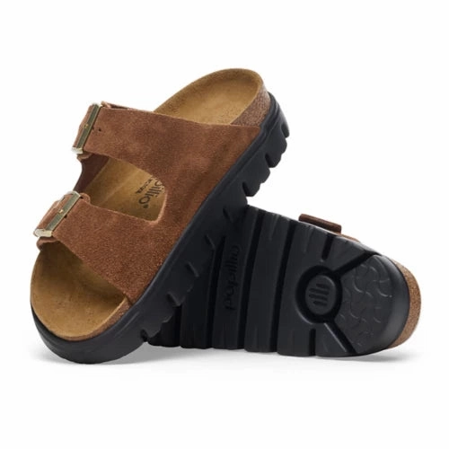Travel Walk Tight Fit Birkenstock Women's Arizona Chunky Two Strap Sandal in Dark Tea/Black