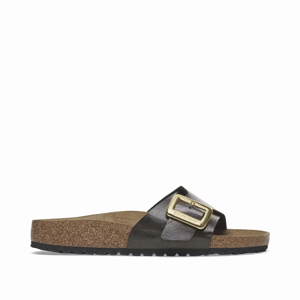 Grass Step Relax Mode Birkenstock Women's Catalina Luxe Buckle Birko-Flor Sandal in Graceful Licorice