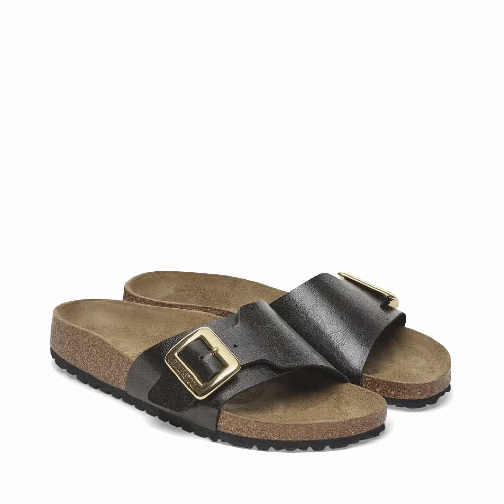 City Jog Alley Path Birkenstock Women's Catalina Luxe Buckle Birko-Flor Sandal in Graceful Licorice