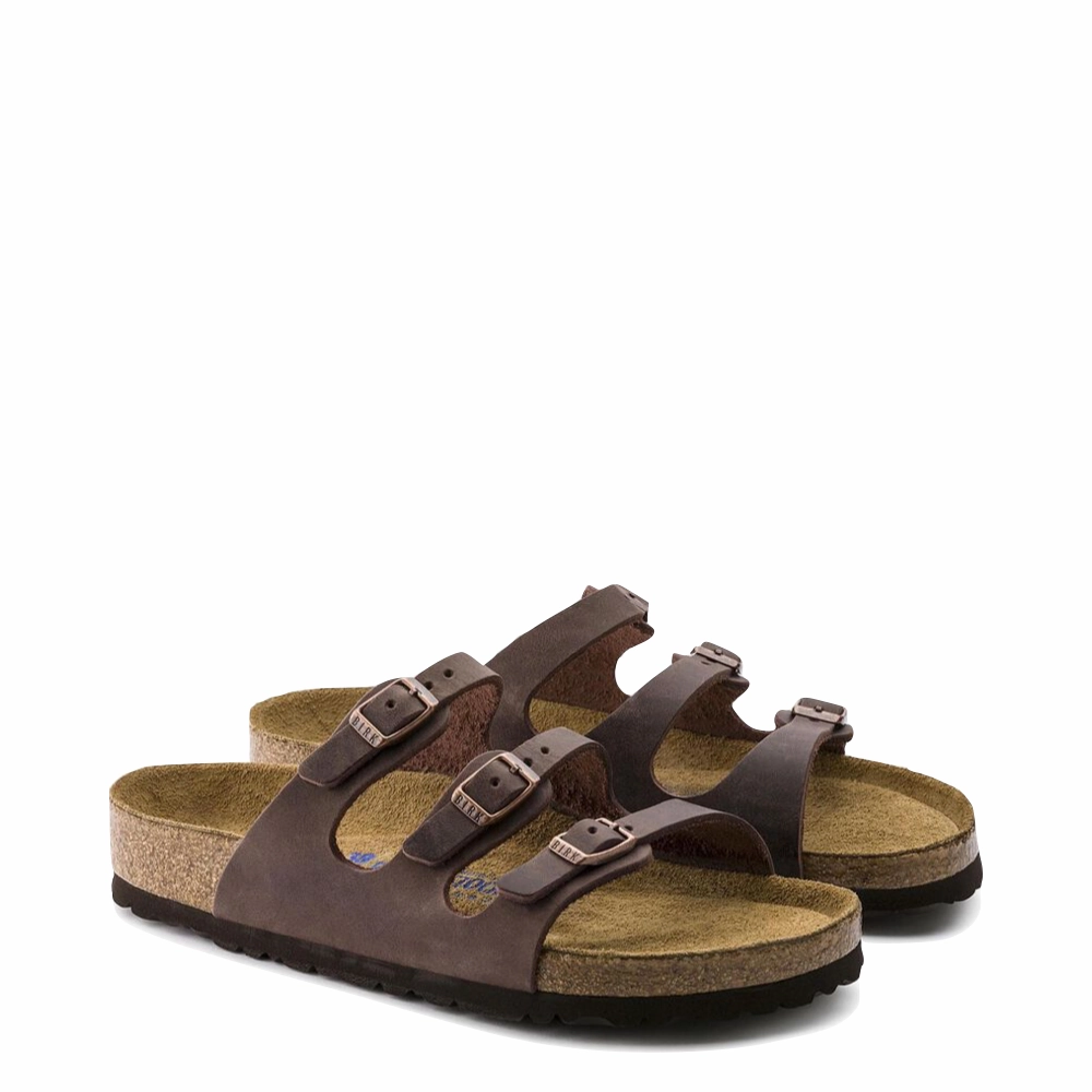 Birkenstock Women's Florida Soft Footbed Leather Sandal in Habana Brown Fall Travel PU Sole