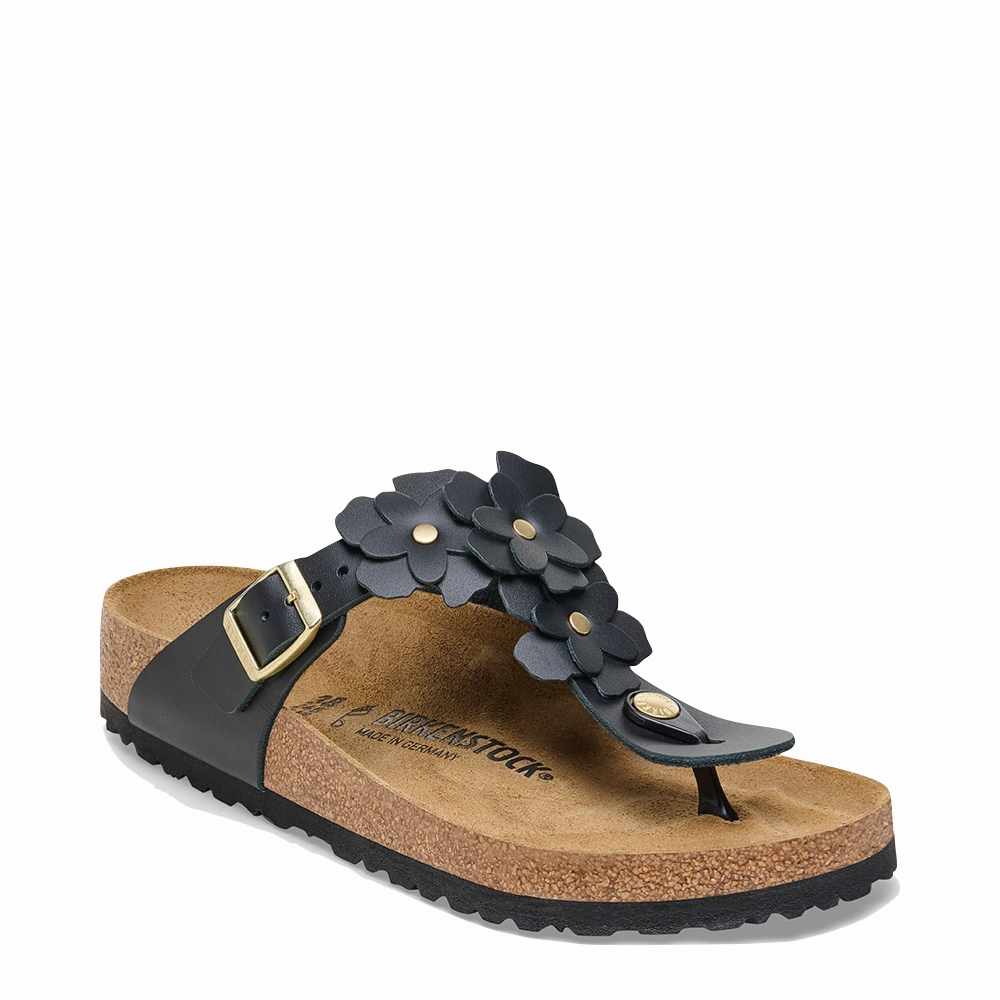 Birkenstock Women's Gizeh Flowers Leather Sandal in Black Chill Look Effortless Move