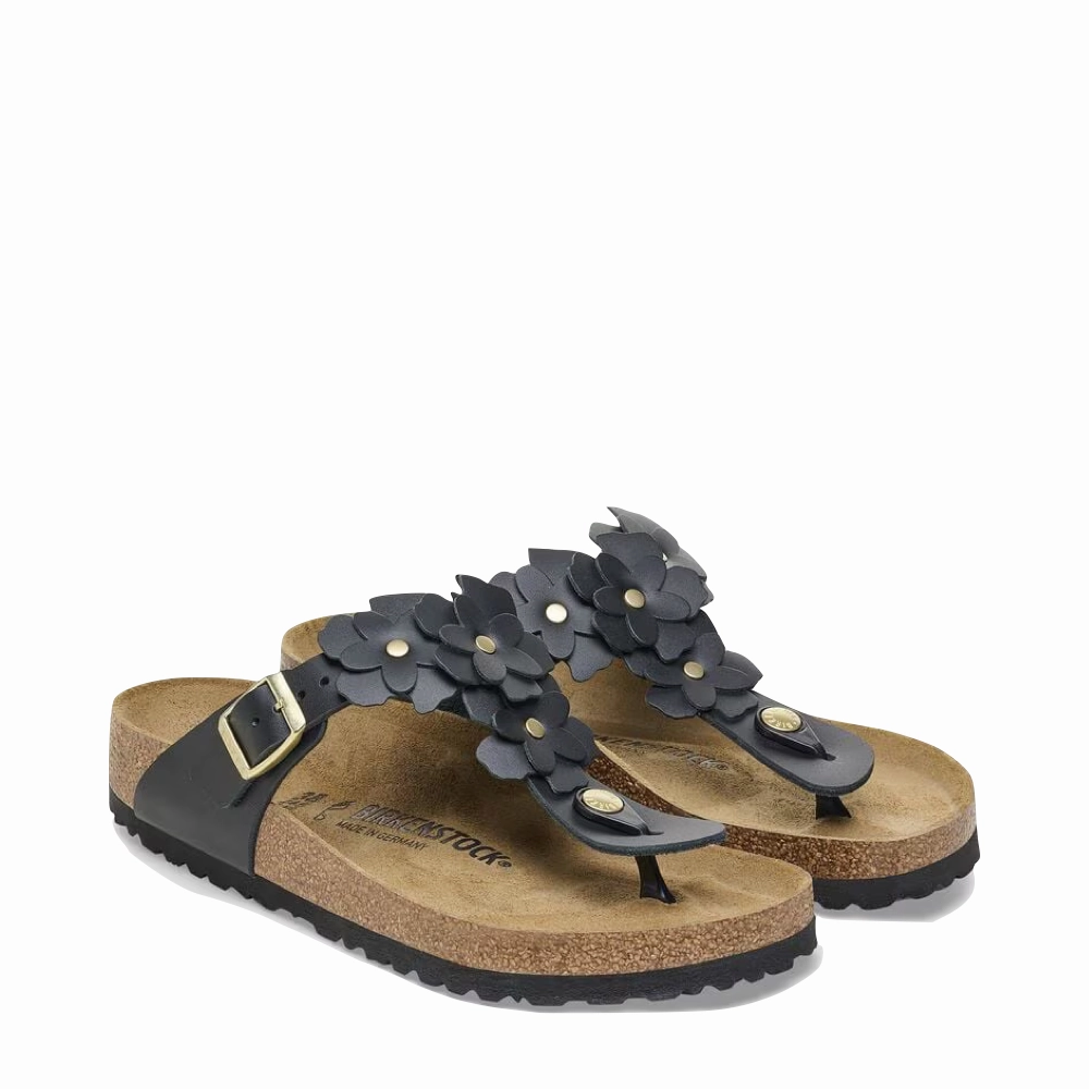 Birkenstock Women's Gizeh Flowers Leather Sandal in Black Range Step Neutral Style