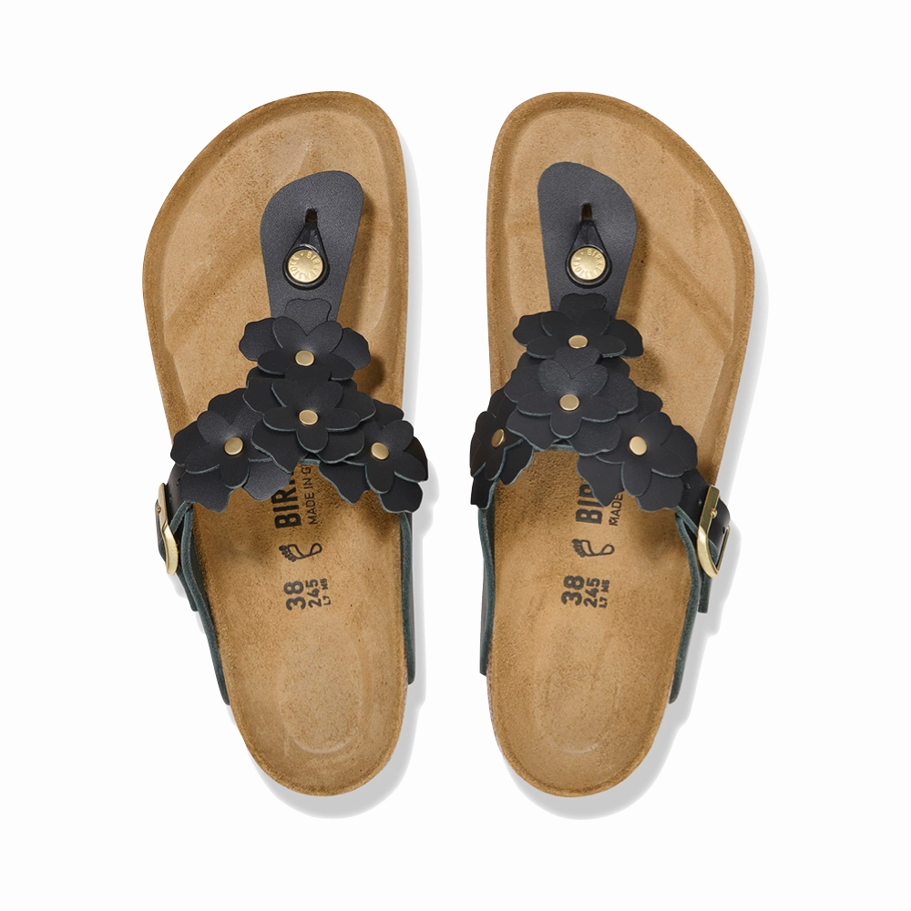 Clean Aesthetic Foldable Build Birkenstock Women's Gizeh Flowers Leather Sandal in Black