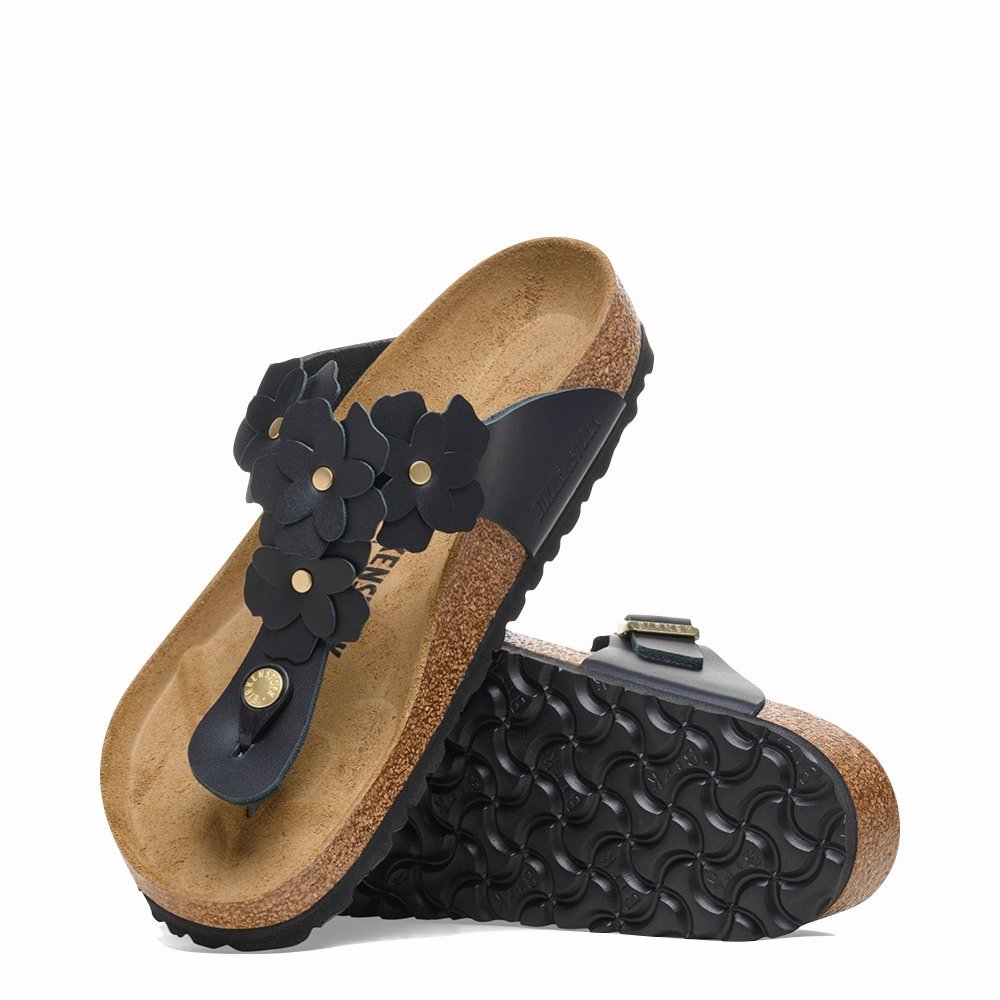 Lightweight Design Birkenstock Women's Gizeh Flowers Leather Sandal in Black