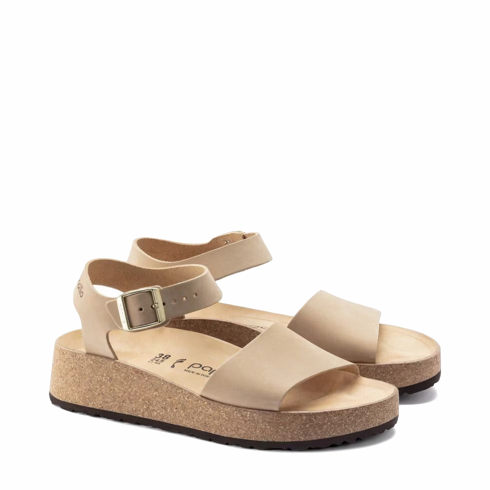 Birkenstock Women's Glenda Nubuck Leather Platform Sandal in Sandcastle Beige Narrow heel Breathable Inside