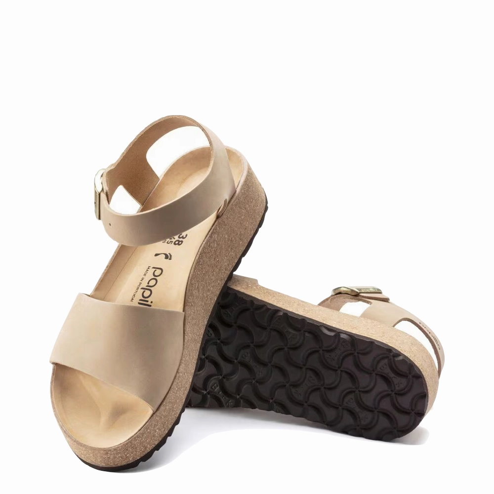 Cruise Walk Birkenstock Women's Glenda Nubuck Leather Platform Sandal in Sandcastle Beige