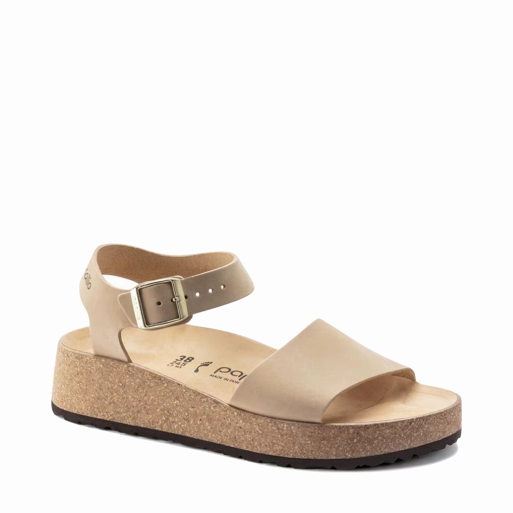 Breathable Perforations Free Movement Birkenstock Women's Glenda Nubuck Leather Platform Sandal in Sandcastle Beige