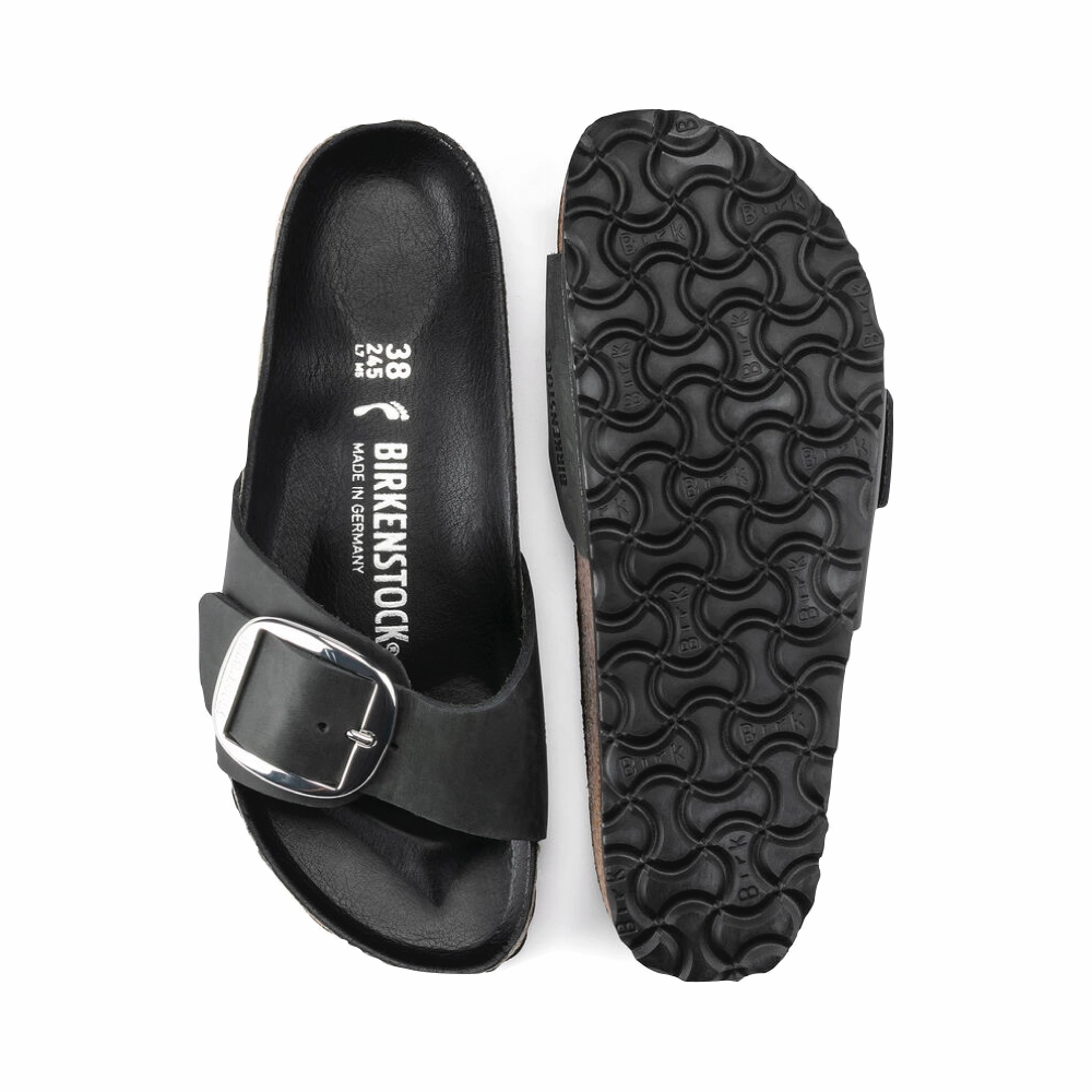 Birkenstock Women's Madrid Big Buckle Oiled Leather Sandal in Black Alley Walk