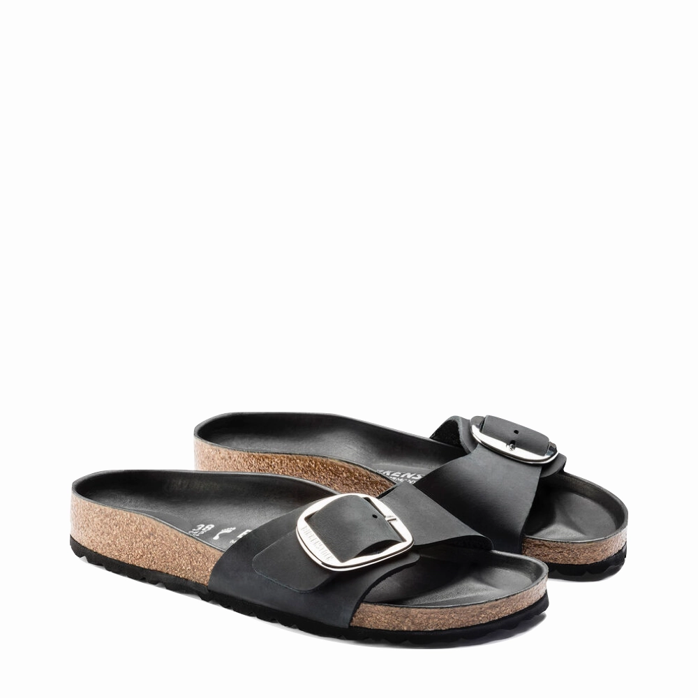 Birkenstock Women's Madrid Big Buckle Oiled Leather Sandal in Black Clean Surface