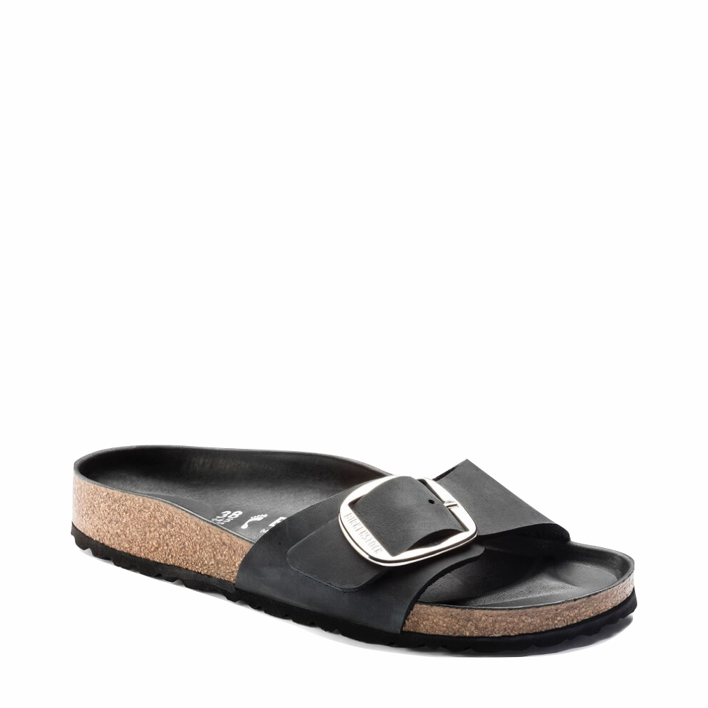 Birkenstock Women's Madrid Big Buckle Oiled Leather Sandal in Black Ultra light Comfort Blend