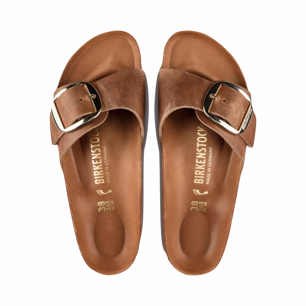 Birkenstock Women's Madrid Big Buckle Oiled Leather Sandal in Cognac Stable Grip Sock Liner Technology