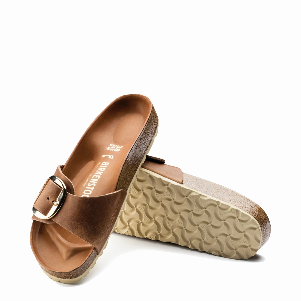 Birkenstock Women's Madrid Big Buckle Oiled Leather Sandal in Cognac Comfortable Feeling