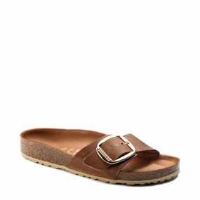 Birkenstock Women's Madrid Big Buckle Oiled Leather Sandal in Cognac Denim Ease Compact