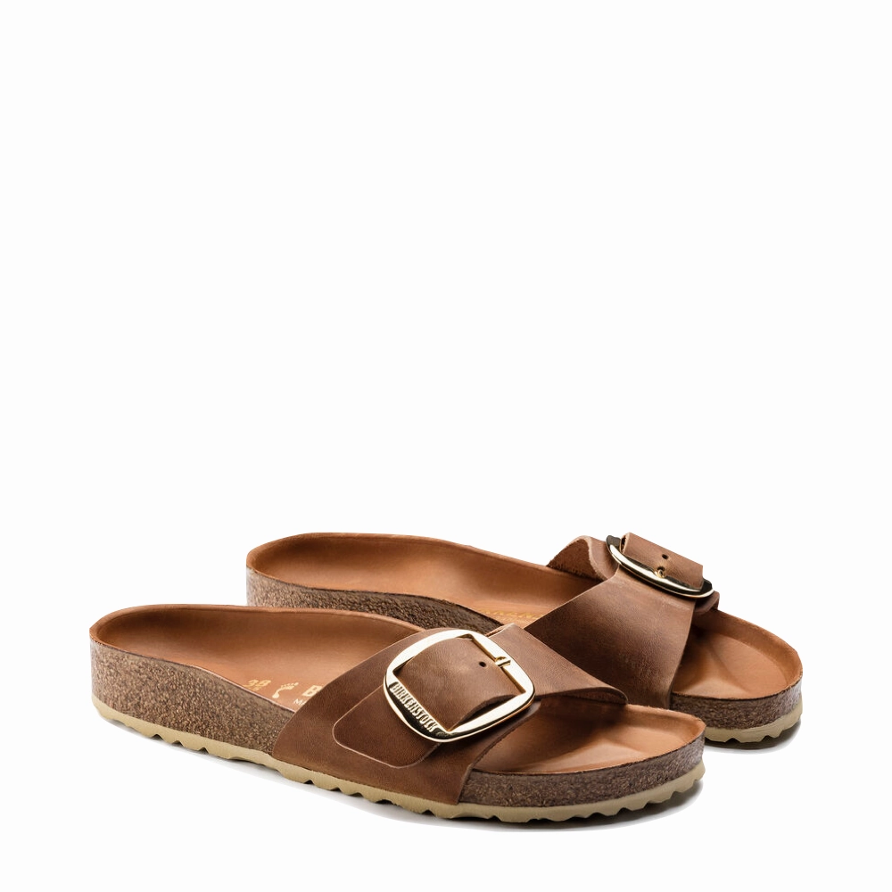Birkenstock Women's Madrid Big Buckle Oiled Leather Sandal in Cognac Breath Flow Strong Hike