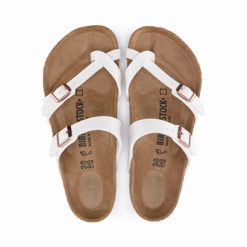 Clean Touch subtle style Birkenstock Women's Mayari Birko-Flor Toe Loop Sandal in White