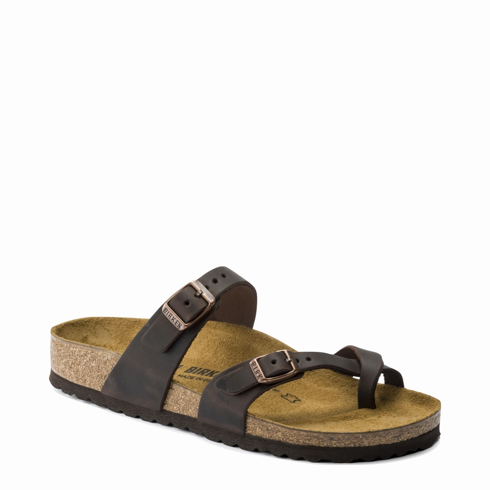 Cushioned Insole Birkenstock Women's Mayari Leather Toe Loop Sandal in Habana Brown