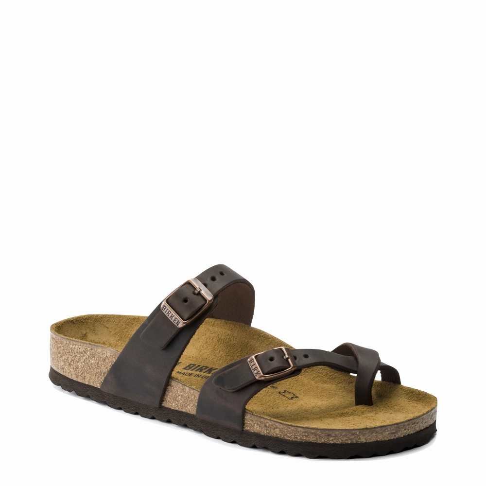 Block Stride Work Pace Birkenstock Women's Mayari Leather Toe Loop Sandal in Habana Brown