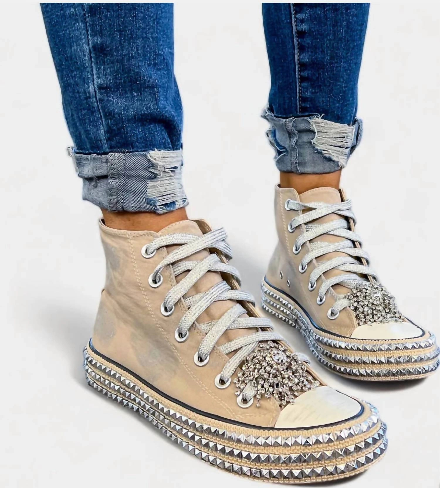 Women's Ash High Top Studded Sneaker In Khaki Impact Resistant Shell High Rebound Midsole