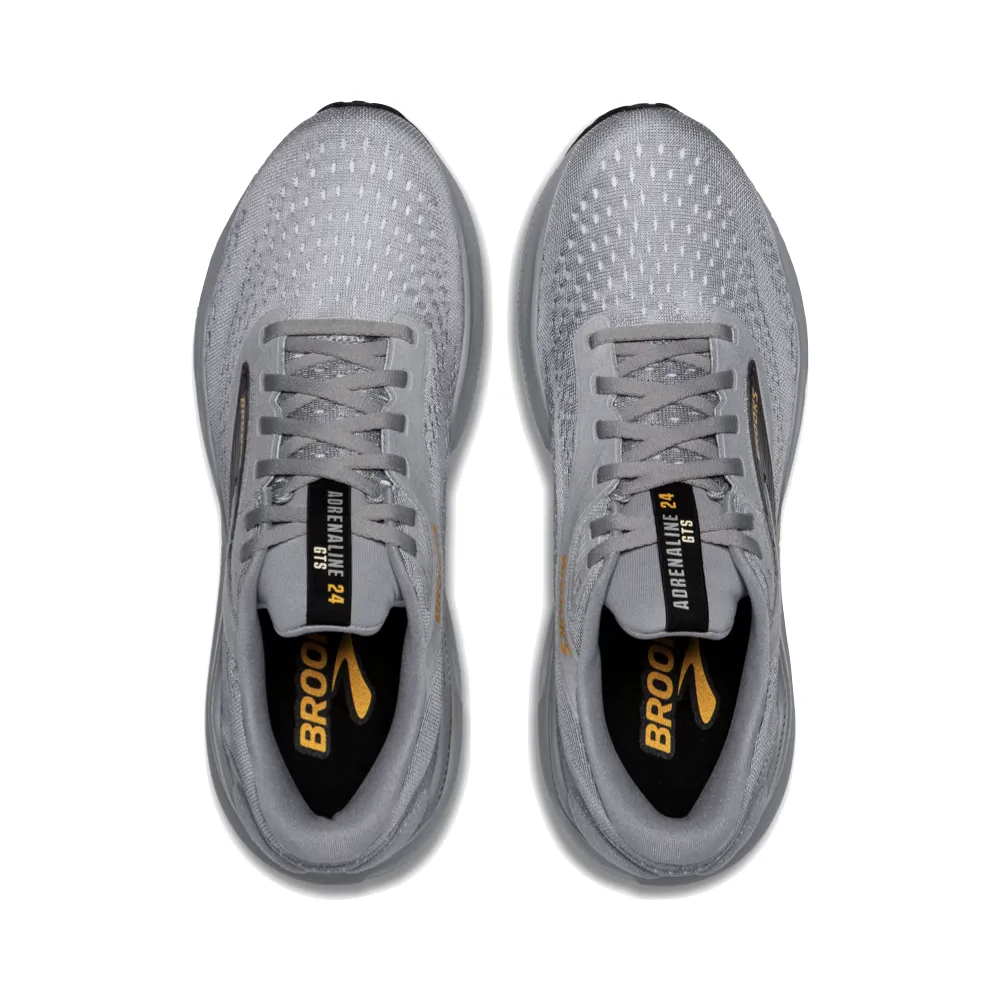 Light Balance Flexible Comfort Brooks Men's Adrenaline GTS 24 Sneaker in Alloy/White/Gold Fusion