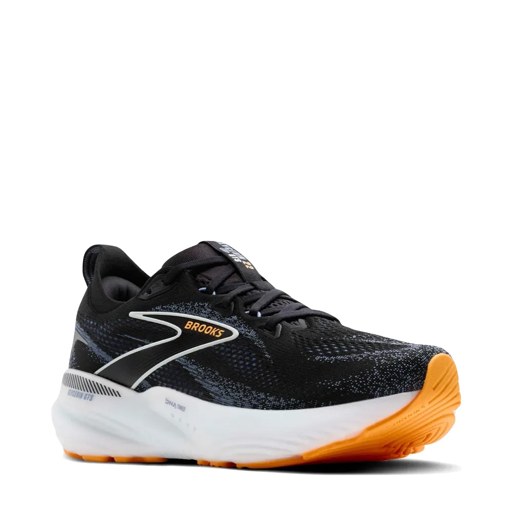 Brooks Men's Glycerin GTS 22 Sneaker in Black/Country Blue/Orange Pop Eco Friendly Material Construction No Effort