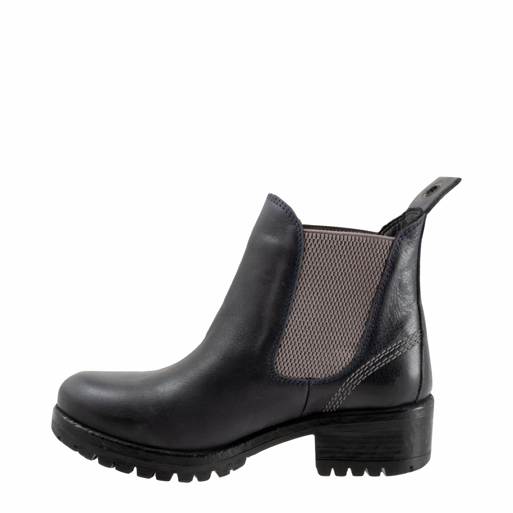 Stretch Lining SlipOn Bueno Women's Florida Leather Pull On Heeled Chelsea Boot in Navy/Grey