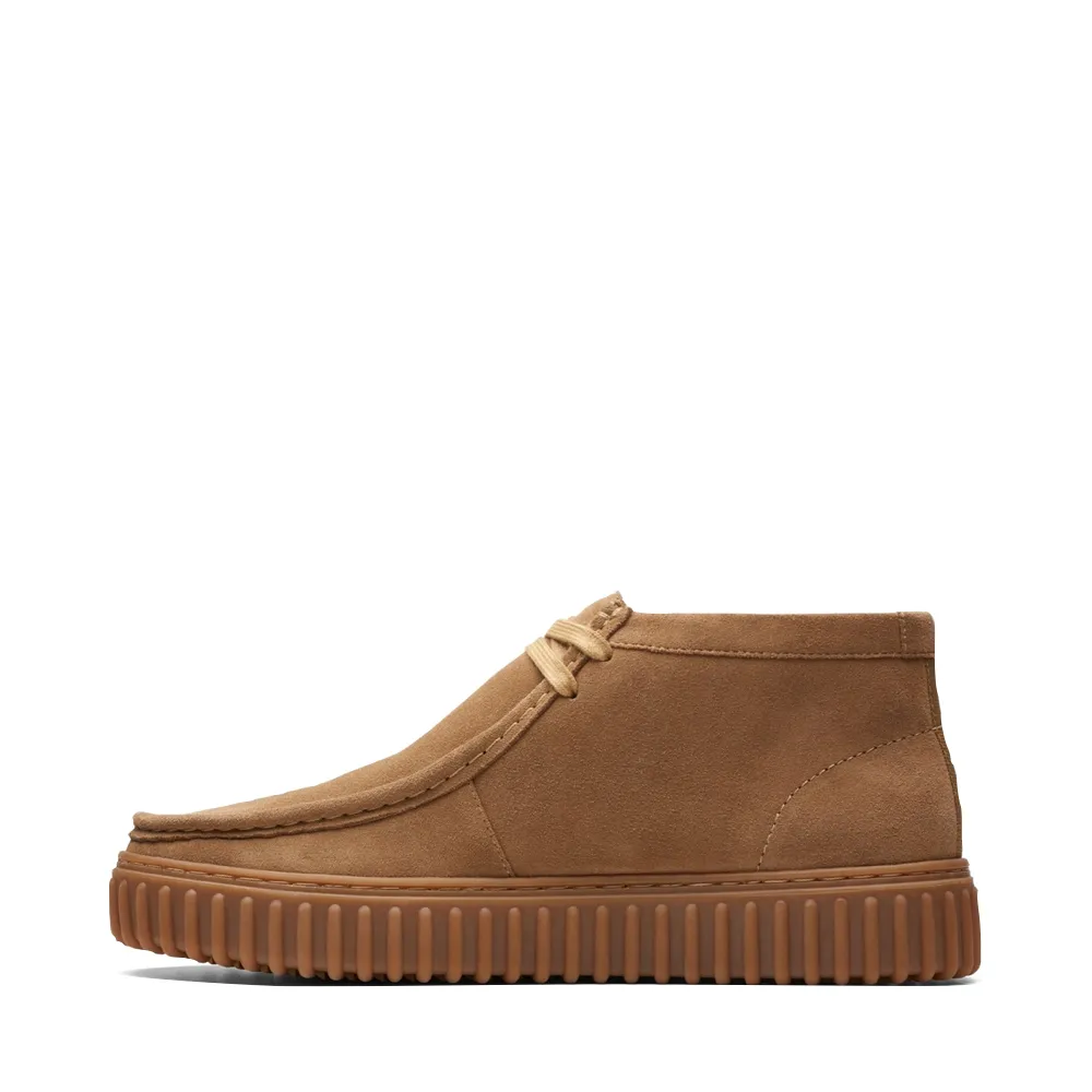 Supportive Clarks Men's Torhill Hi Suede Moc Toe Lace Boot in Sand