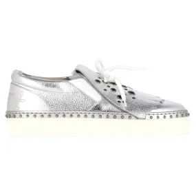 Burberry Kiltie Fringe Detail Slip On Sneakers Metallic Silver Leather Comfort Inserts