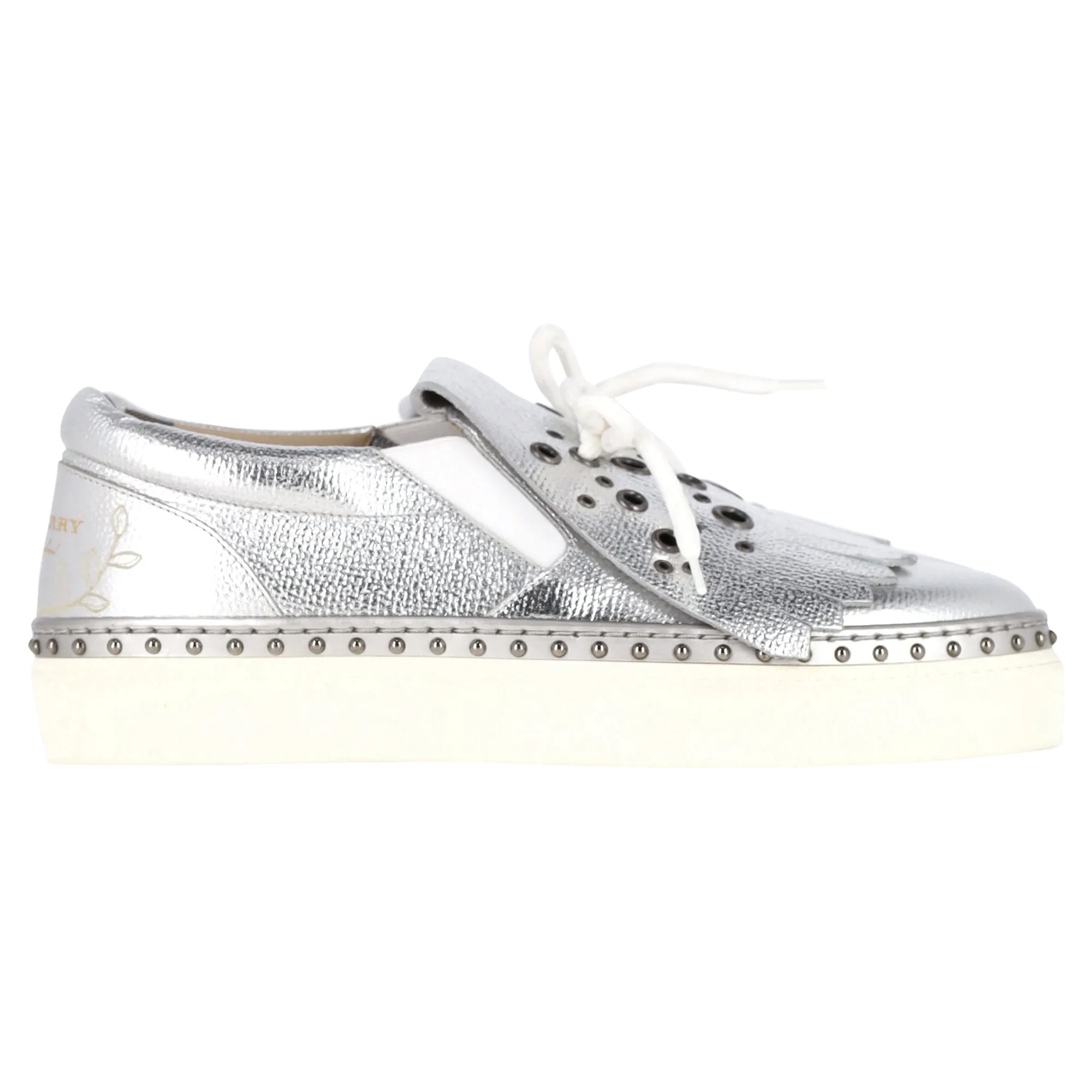 Burberry Kiltie Fringe Detail Slip On Sneakers Metallic Silver Leather Comfort Inserts