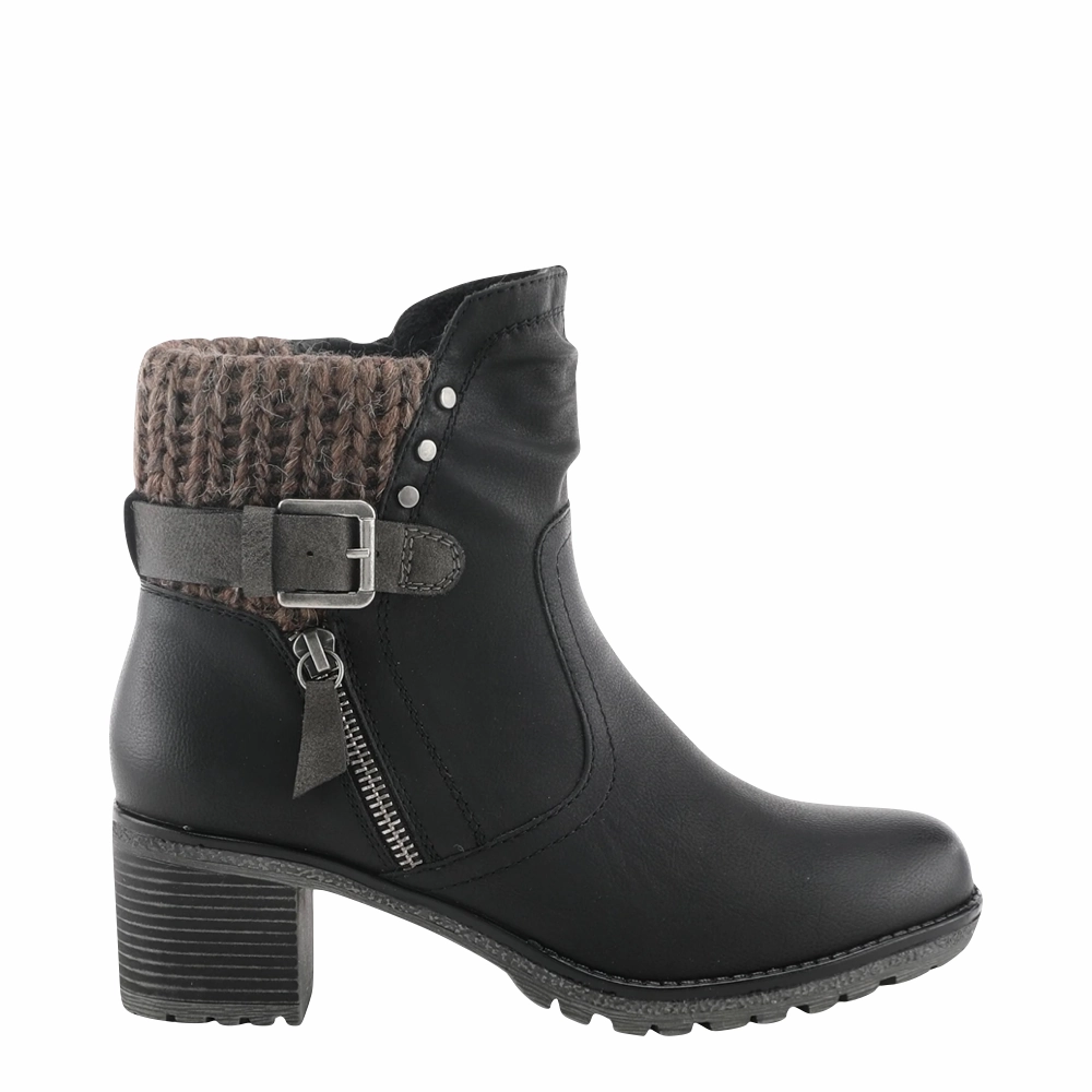 Spring Step Women's Rene Water Resistant Side Zip Sweater Cuff Heeled Boot in Black Moisture Wicking Sockliner