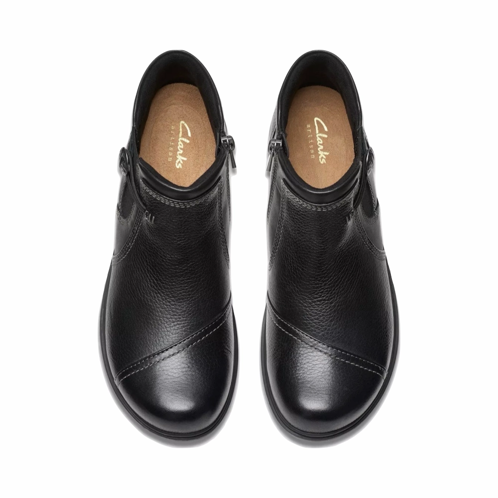 Clarks Women's Certina Joy Leather Side Zip Ankle Boot in Black Walk Style Desert Step