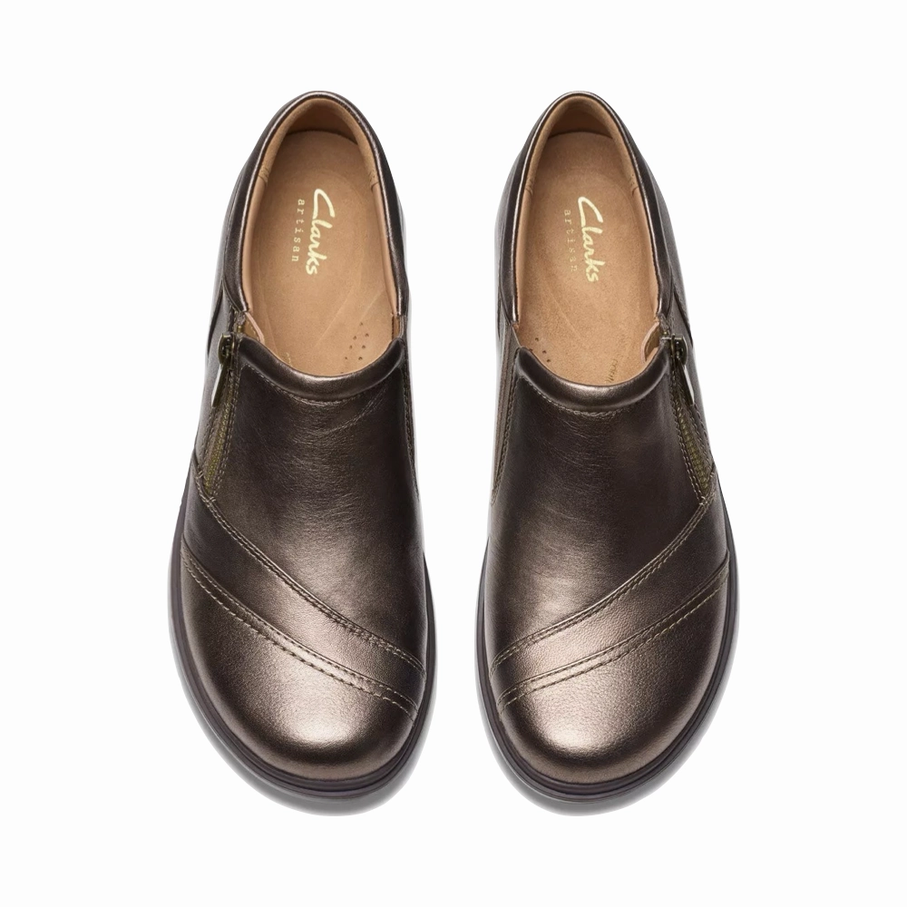 Clarks Women's Certina Pure Leather Side Zip Slip On in Antique Brown Bronze Slip Resistant Tread Comfort sole
